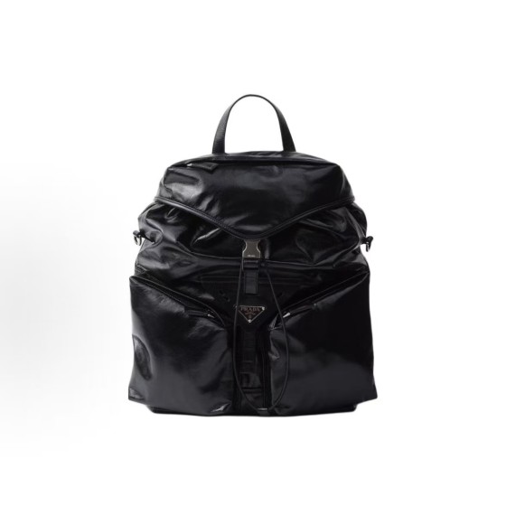 PRADA Enamel metal triangular logo drawstring flip-top backpack for men, black